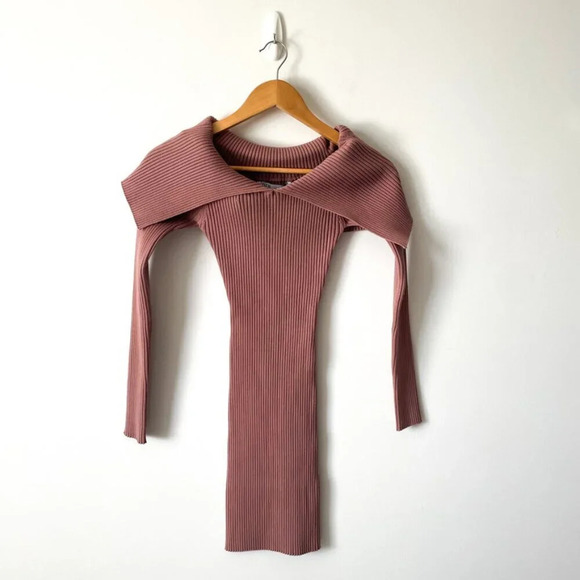 Zara Ribbed Knit Off Shoulder Long Sleeve Mini Dress NWT Mauve Size Small - Picture 3 of 7